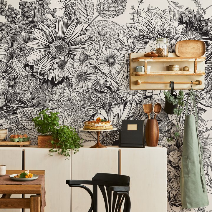Floral Wallpaper with a Detailed Botanical Sketch in Black and White - C056