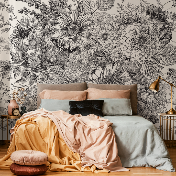 Floral Wallpaper with a Detailed Botanical Sketch in Black and White - C056