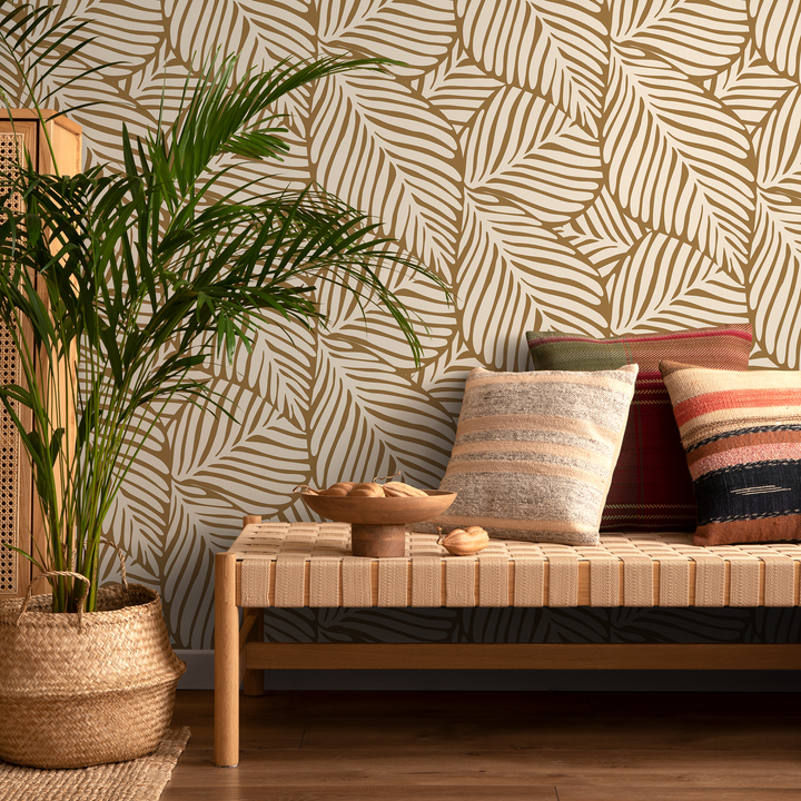 Botanical Wallpaper with a Stylized Leaf Motif in Tan and Beige - C108