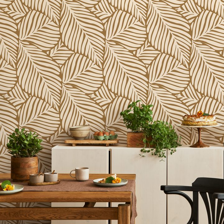 Botanical Wallpaper with a Stylized Leaf Motif in Tan and Beige - C108