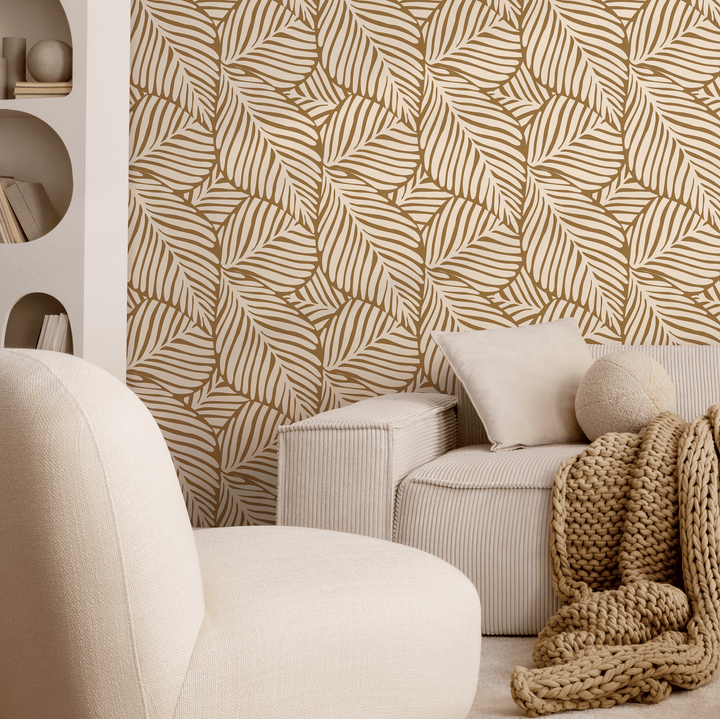 Botanical Wallpaper with a Stylized Leaf Motif in Tan and Beige - C108