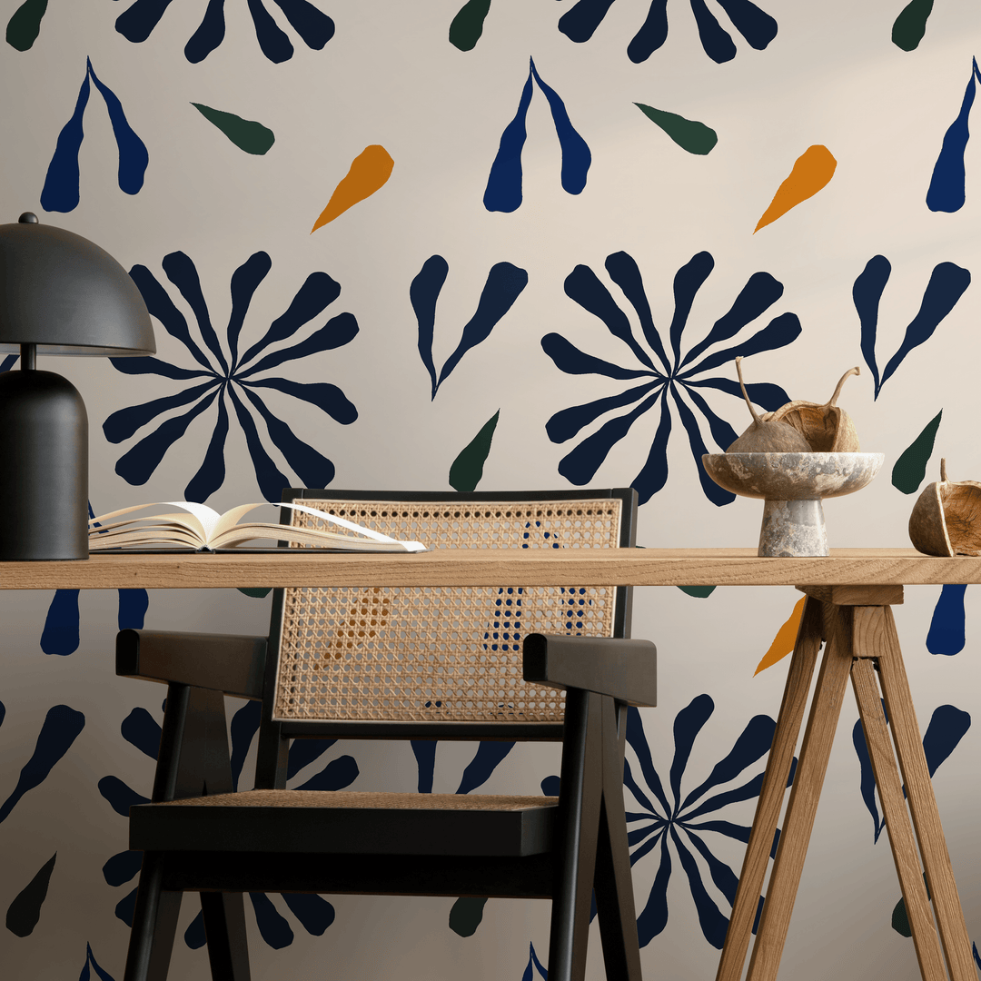 Abstract Floral Wallpaper with Botanical Shapes in Navy Blue, Green, and Orange - C129