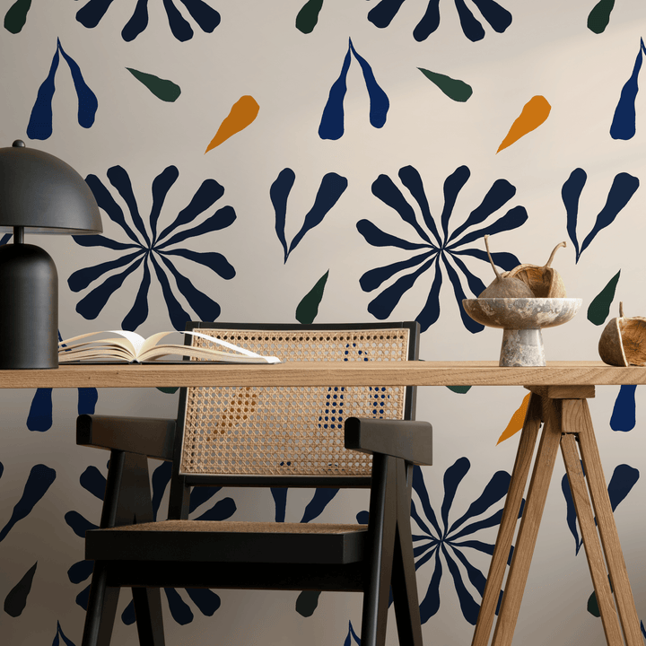 Abstract Floral Wallpaper with Botanical Shapes in Navy Blue, Green, and Orange - C129