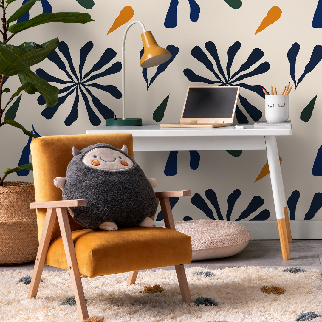 Abstract Floral Wallpaper with Botanical Shapes in Navy Blue, Green, and Orange - C129