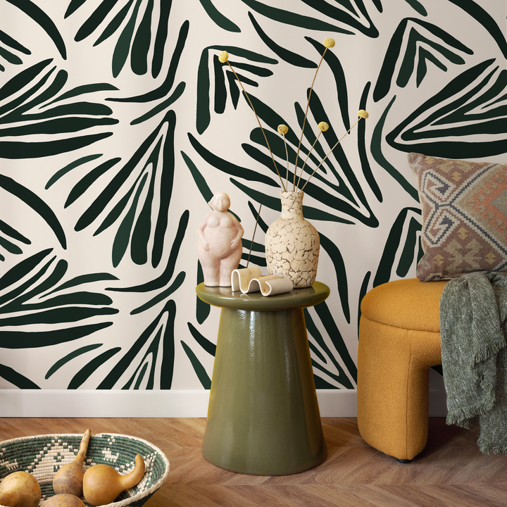 Abstract Wallpaper Featuring Bold Stylized Leaves in Dark Green - C145