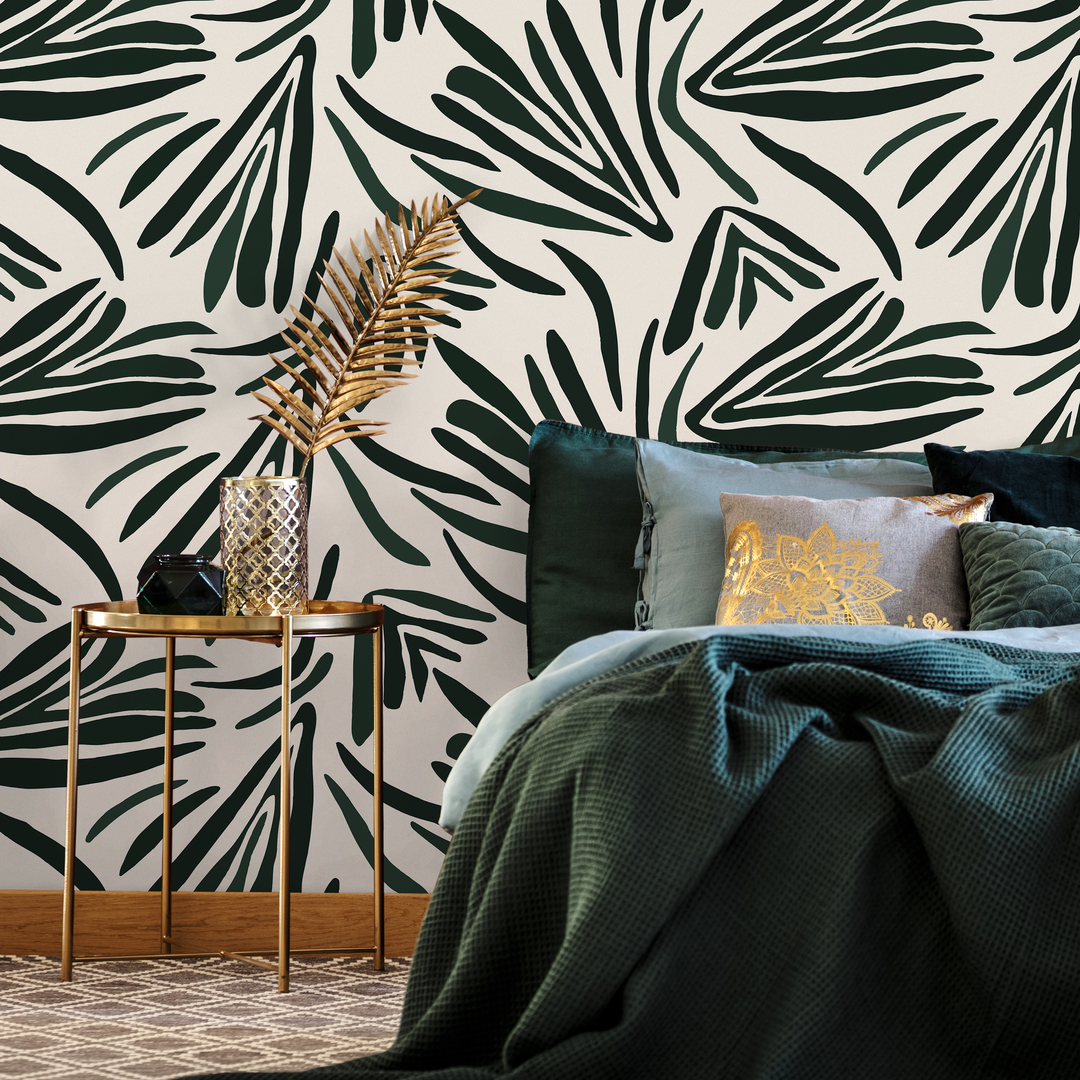 Abstract Wallpaper Featuring Bold Stylized Leaves in Dark Green - C145