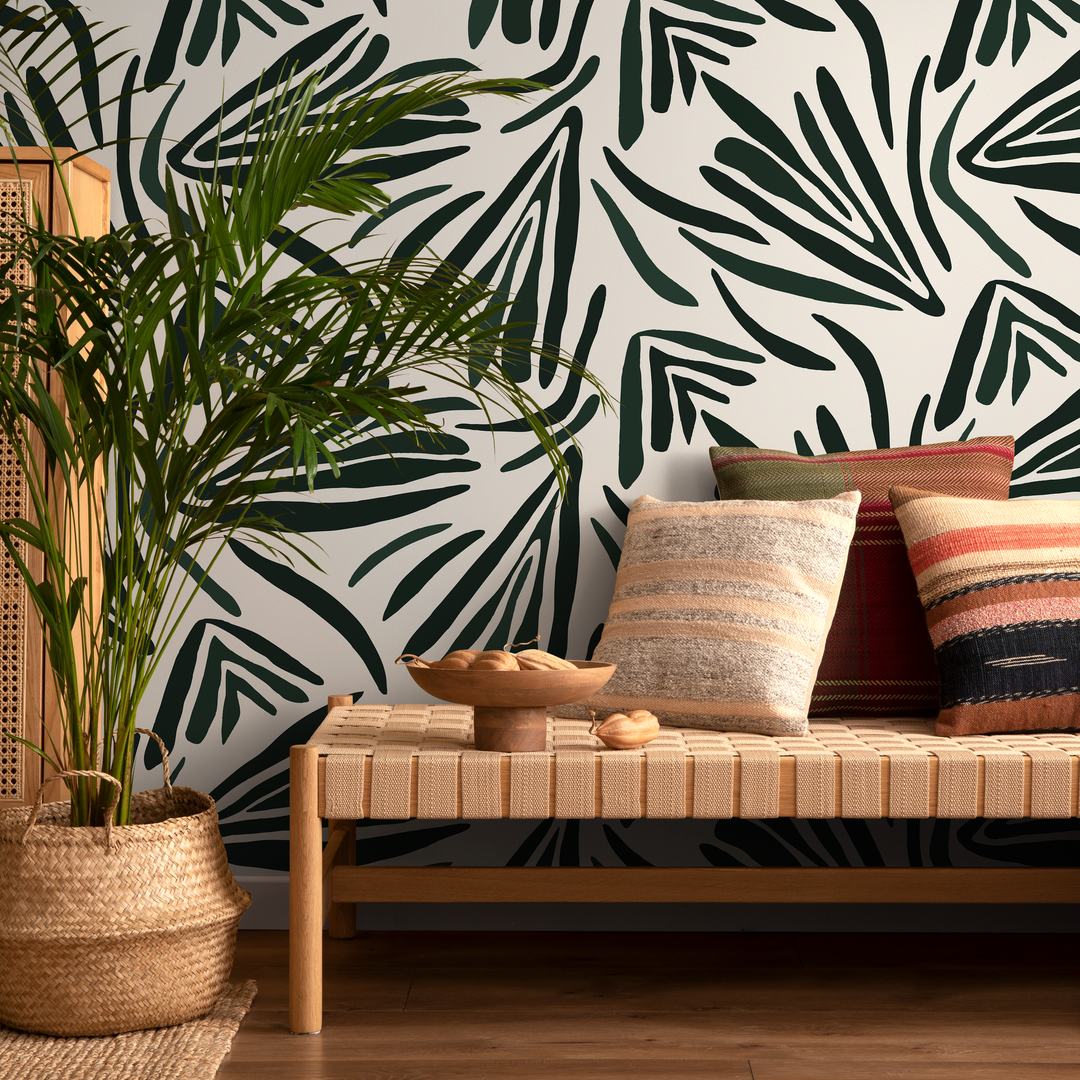 Abstract Wallpaper Featuring Bold Stylized Leaves in Dark Green - C145