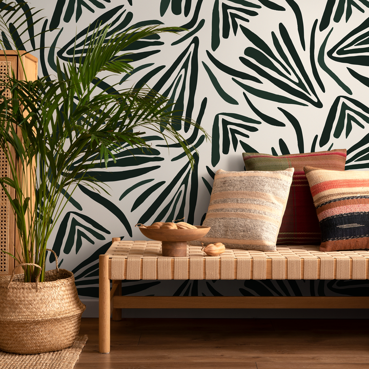 Abstract Wallpaper Featuring Bold Stylized Leaves in Dark Green - C145