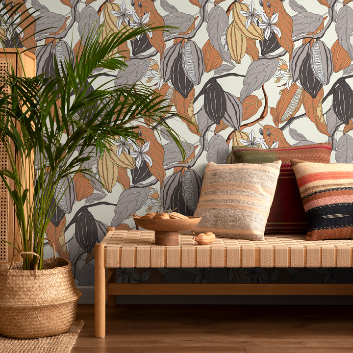 Botanical Wallpaper Featuring Cacao Pods and Flowers in Brown and Gray - C161