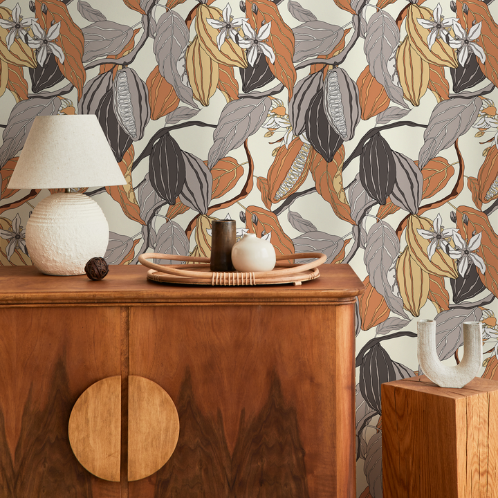 Botanical Wallpaper Featuring Cacao Pods and Flowers in Brown and Gray - C161