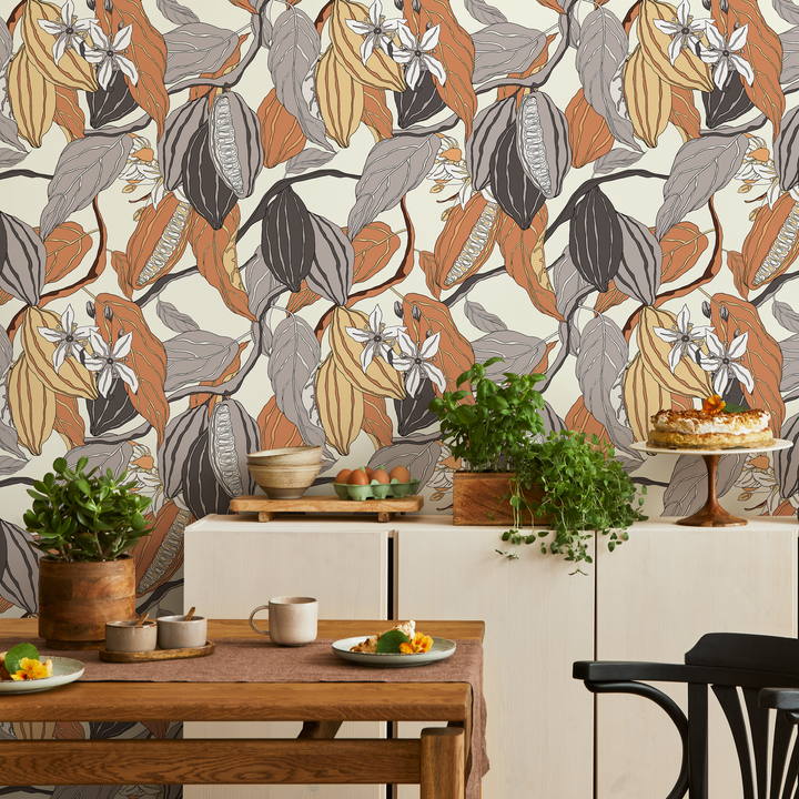 Botanical Wallpaper Featuring Cacao Pods and Flowers in Brown and Gray - C161