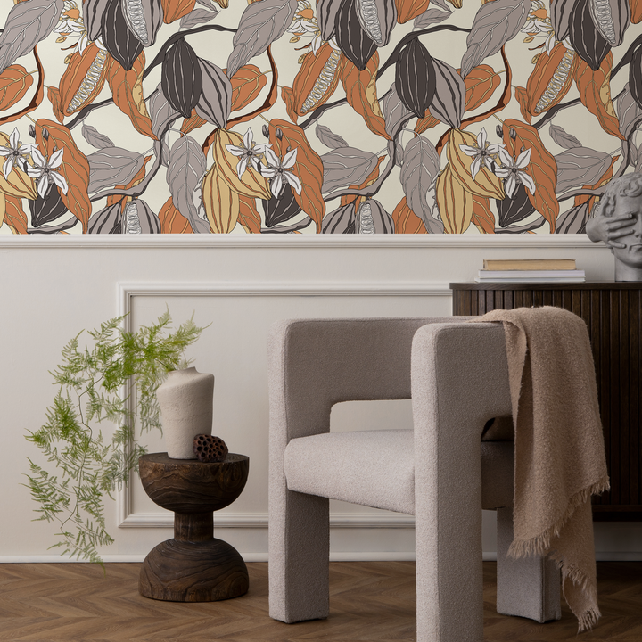 Botanical Wallpaper Featuring Cacao Pods and Flowers in Brown and Gray - C161