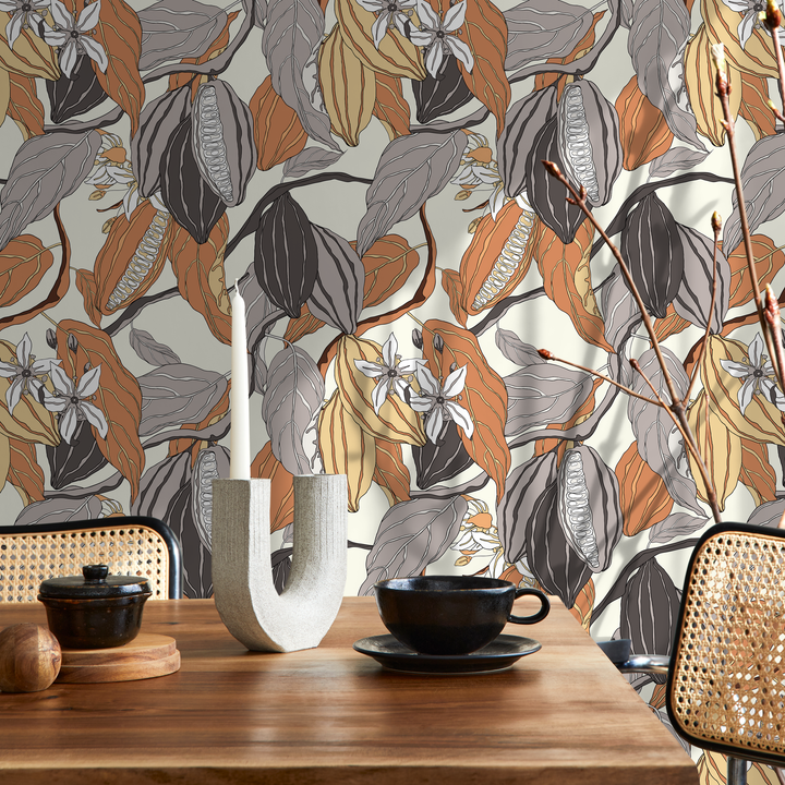 Botanical Wallpaper Featuring Cacao Pods and Flowers in Brown and Gray - C161