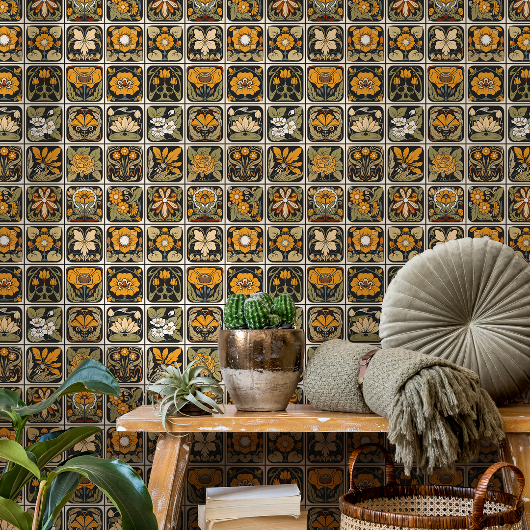 Art Deco Wallpaper with a Floral Tile Motif in Black, Gold, and Green - C215