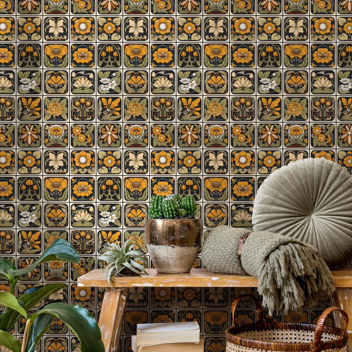 Art Deco Wallpaper with a Floral Tile Motif in Black, Gold, and Green - C215