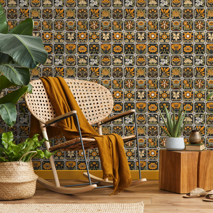 Art Deco Wallpaper with a Floral Tile Motif in Black, Gold, and Green - C215