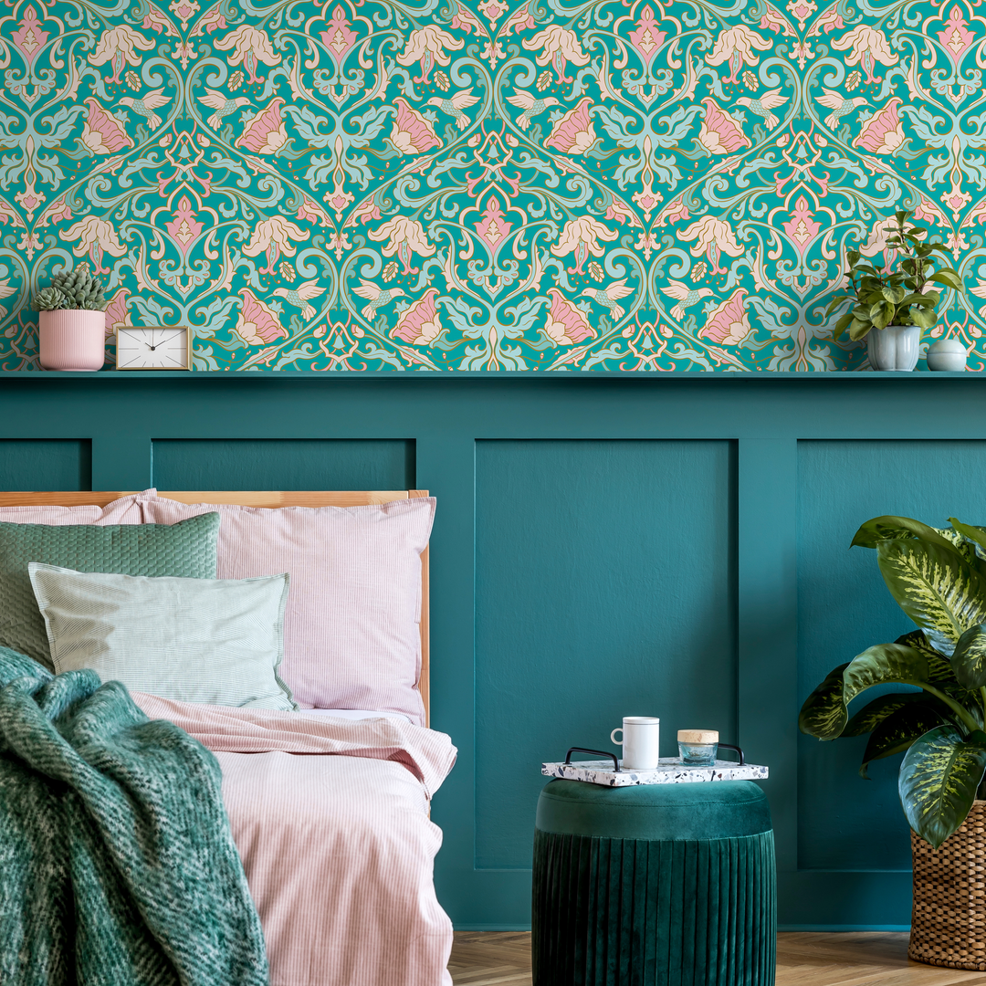 Floral Damask Wallpaper with a Bird and Vine Motif in Turquoise and Pink - C235