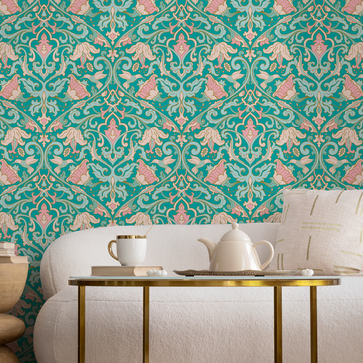 Floral Damask Wallpaper with a Bird and Vine Motif in Turquoise and Pink - C235