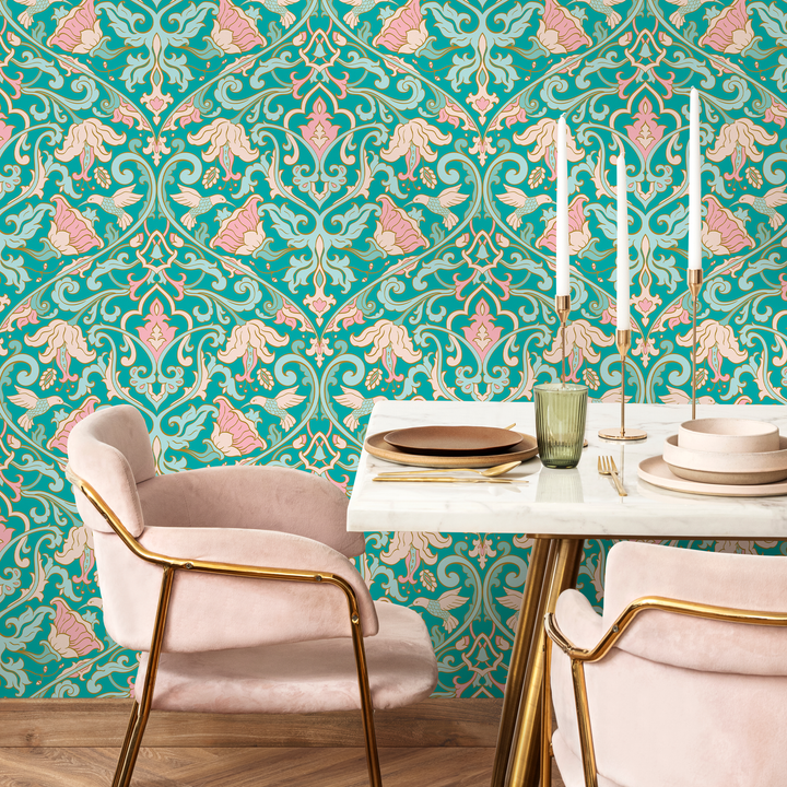 Floral Damask Wallpaper with a Bird and Vine Motif in Turquoise and Pink - C235
