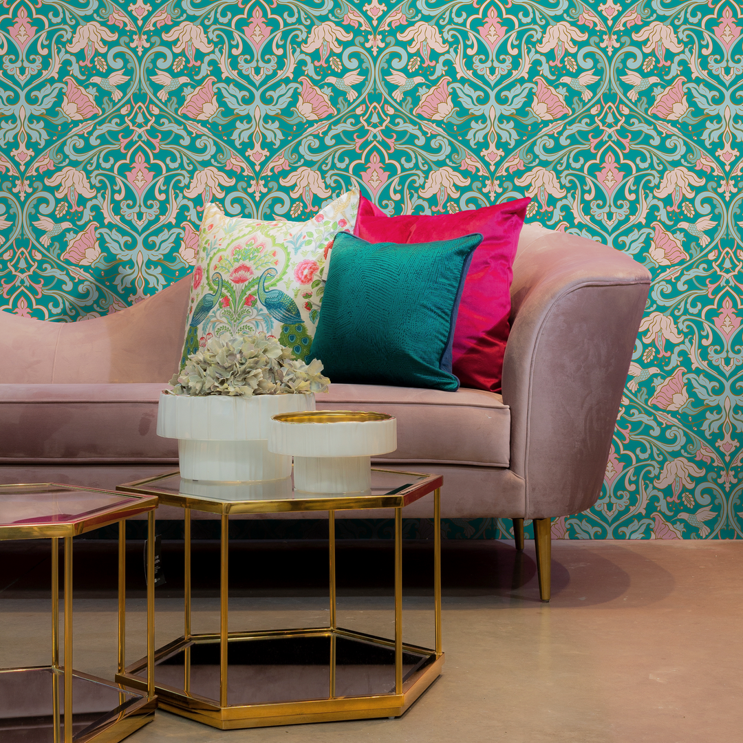 Floral Damask Wallpaper with a Bird and Vine Motif in Turquoise and Pink - C235