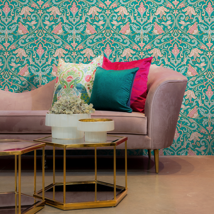Floral Damask Wallpaper with a Bird and Vine Motif in Turquoise and Pink - C235