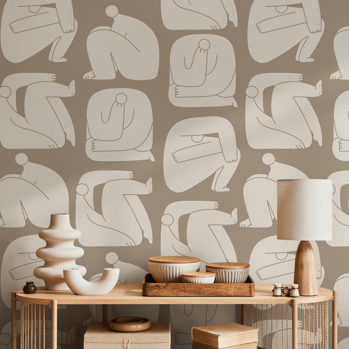 Abstract Wallpaper with Stylized Human Figures in Taupe and Beige - C242