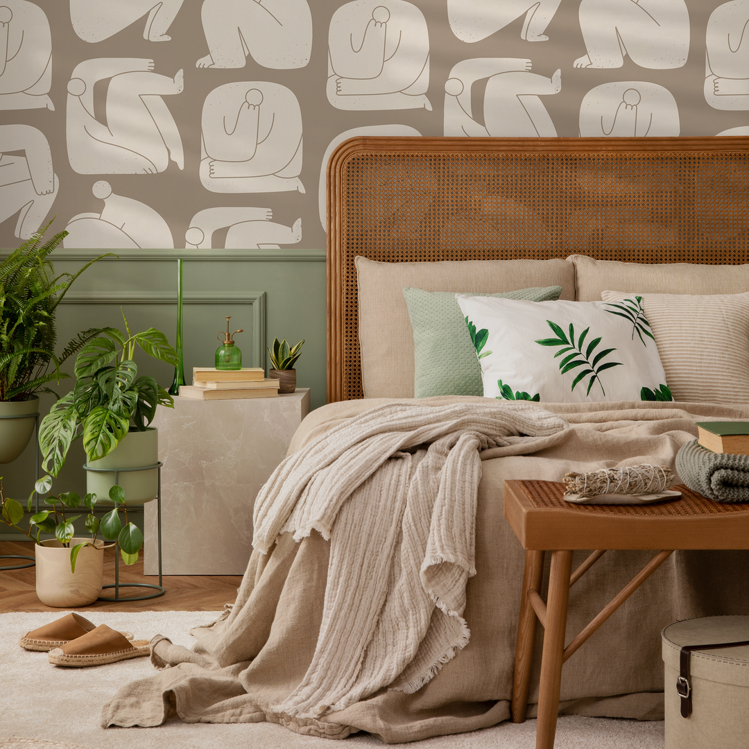 Abstract Wallpaper with Stylized Human Figures in Taupe and Beige - C242