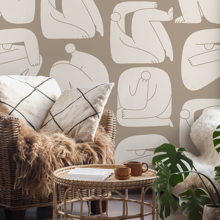 Abstract Wallpaper with Stylized Human Figures in Taupe and Beige - C242