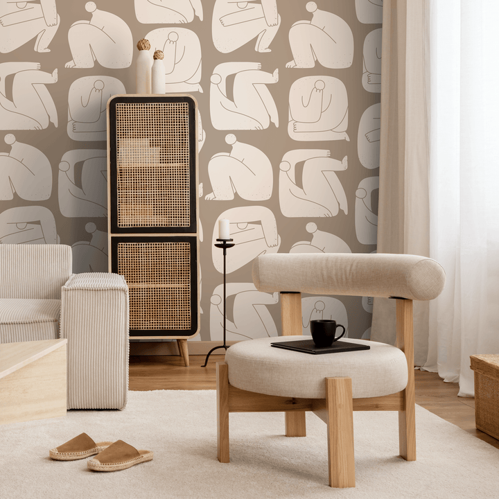 Abstract Wallpaper with Stylized Human Figures in Taupe and Beige - C242