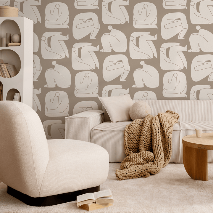 Abstract Wallpaper with Stylized Human Figures in Taupe and Beige - C242