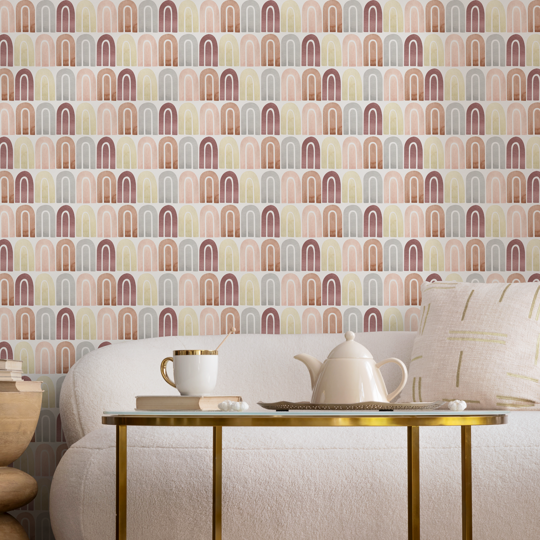 Geometric Wallpaper with Watercolor Arches in Terracotta, Pink, and Yellow - C263