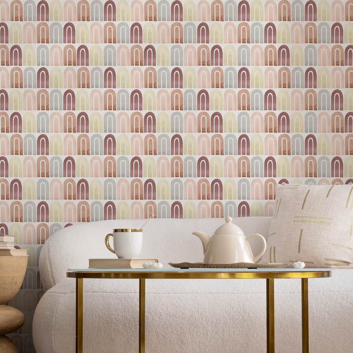 Geometric Wallpaper with Watercolor Arches in Terracotta, Pink, and Yellow - C263