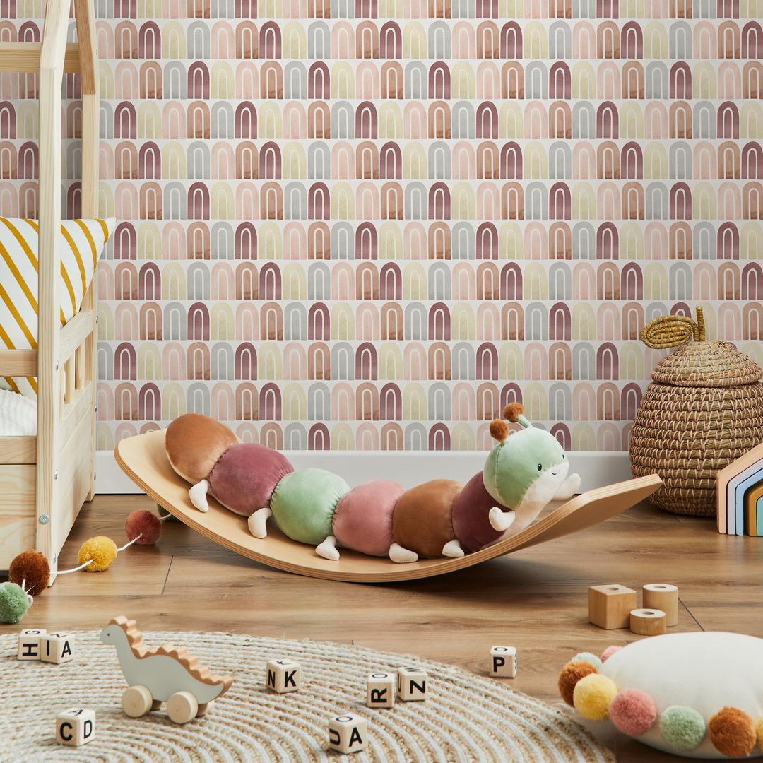 Geometric Wallpaper with Watercolor Arches in Terracotta, Pink, and Yellow - C263