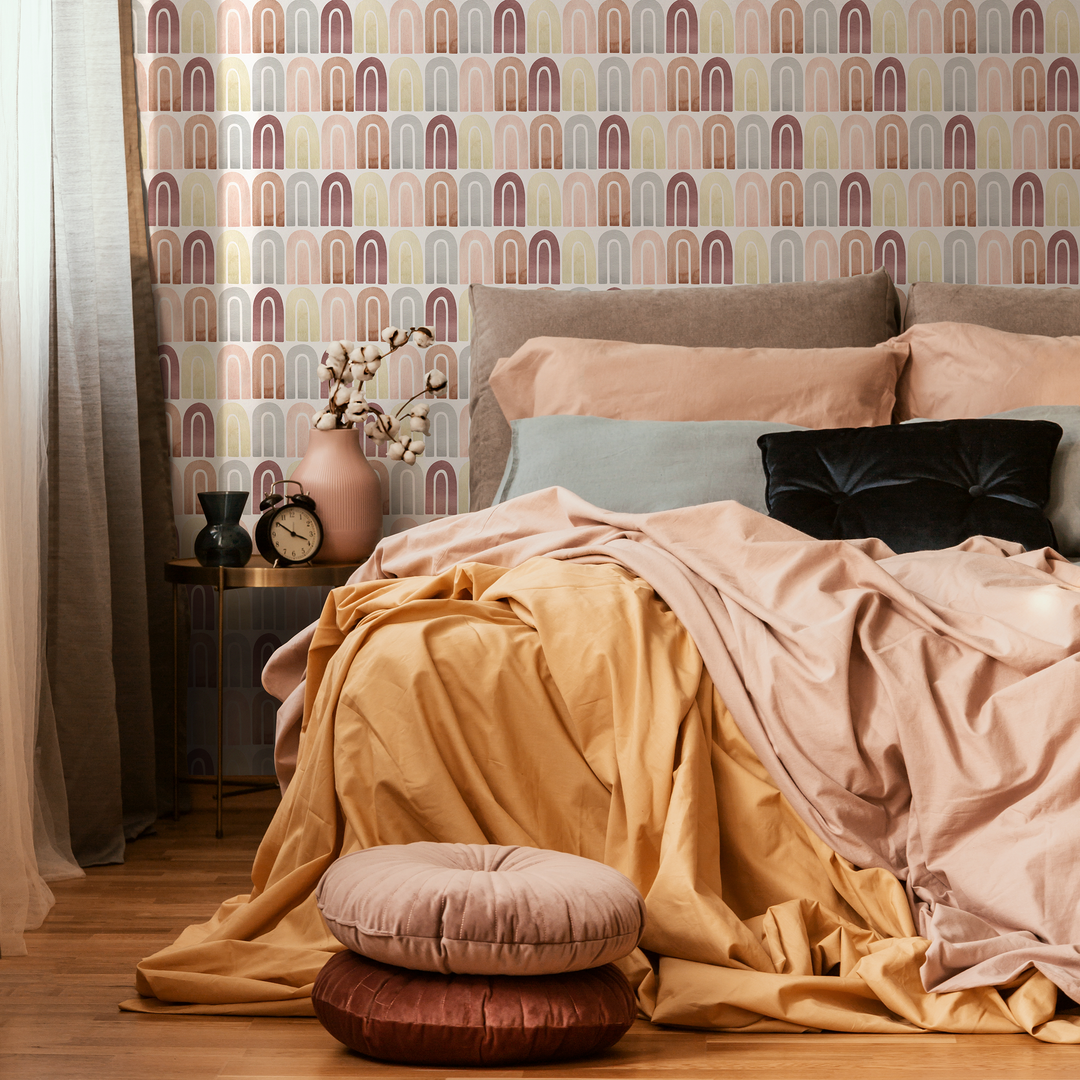 Geometric Wallpaper with Watercolor Arches in Terracotta, Pink, and Yellow - C263