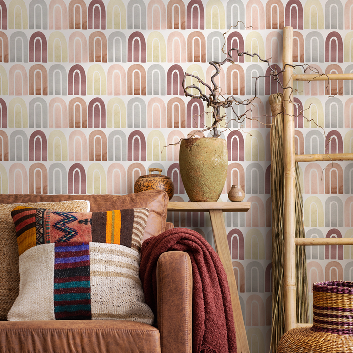 Geometric Wallpaper with Watercolor Arches in Terracotta, Pink, and Yellow - C263