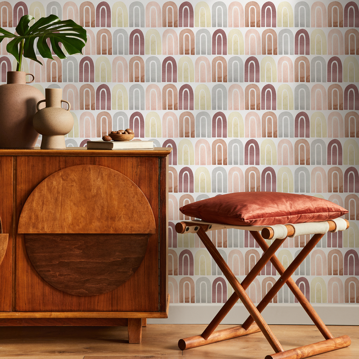 Geometric Wallpaper with Watercolor Arches in Terracotta, Pink, and Yellow - C263