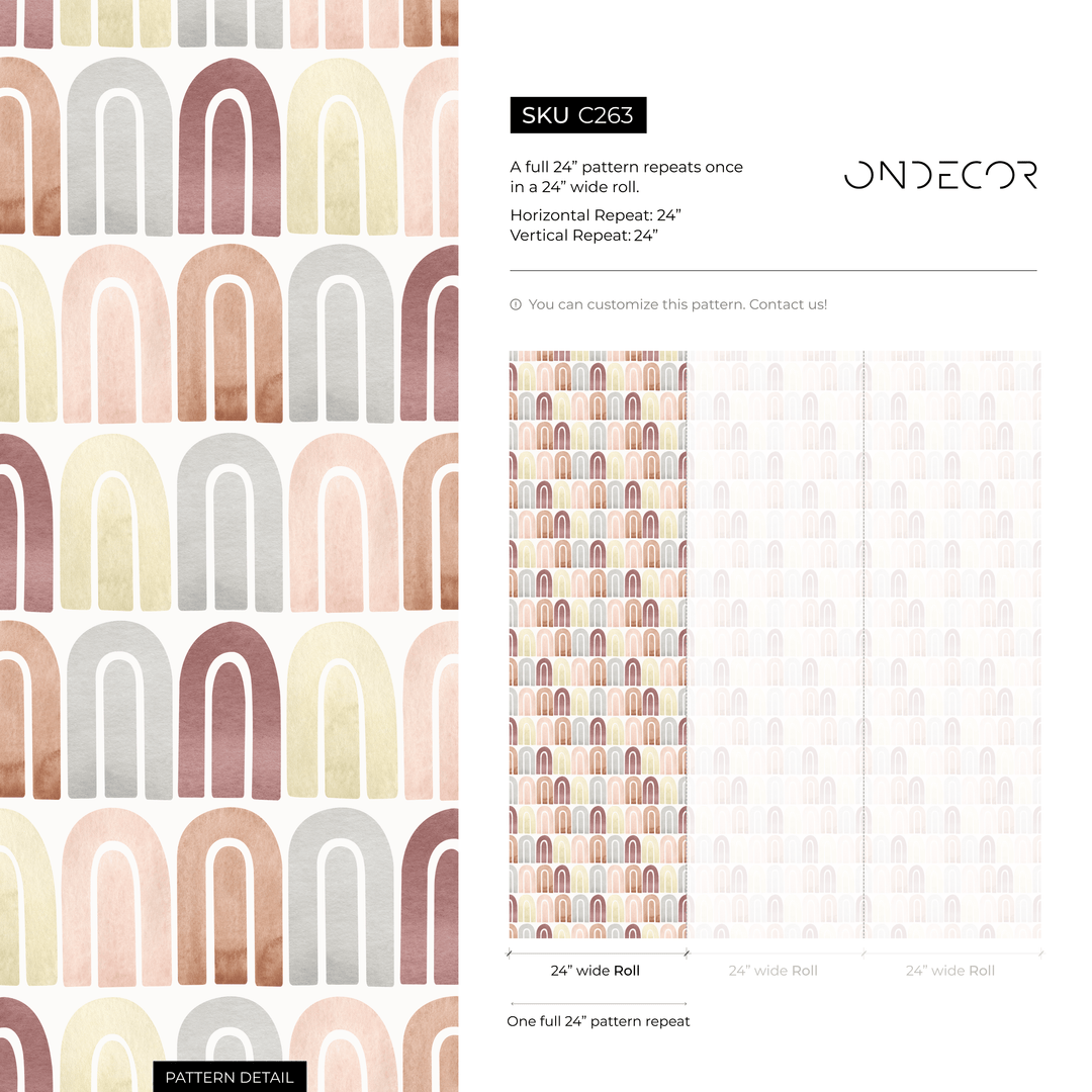 Geometric Wallpaper with Watercolor Arches in Terracotta, Pink, and Yellow - C263
