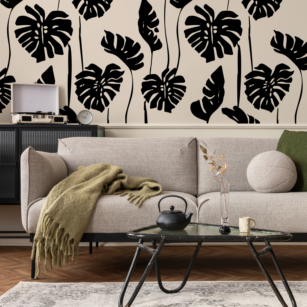 Botanical Wallpaper with a Bold Monstera Leaf Motif in Black and Beige - C270