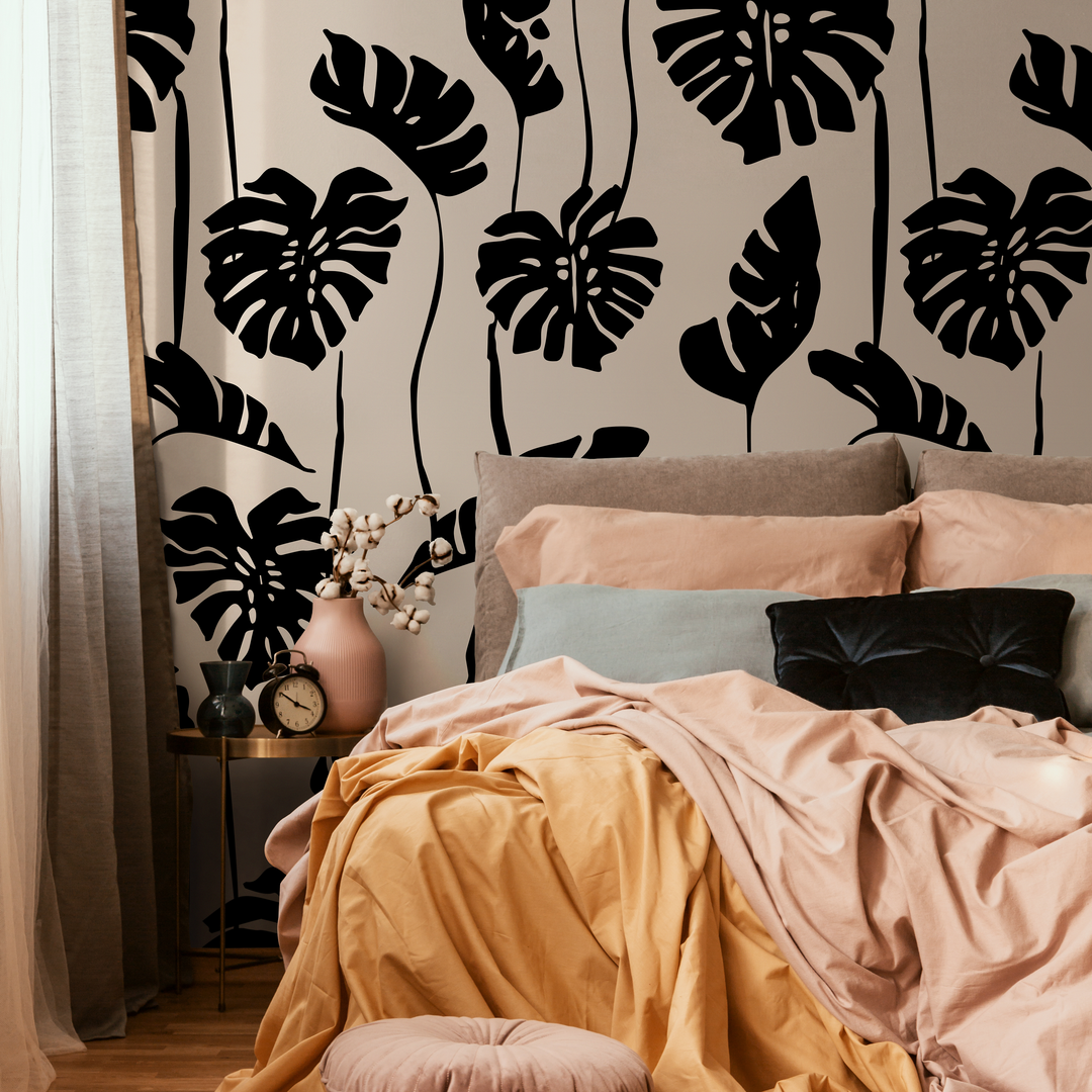 Botanical Wallpaper with a Bold Monstera Leaf Motif in Black and Beige - C270