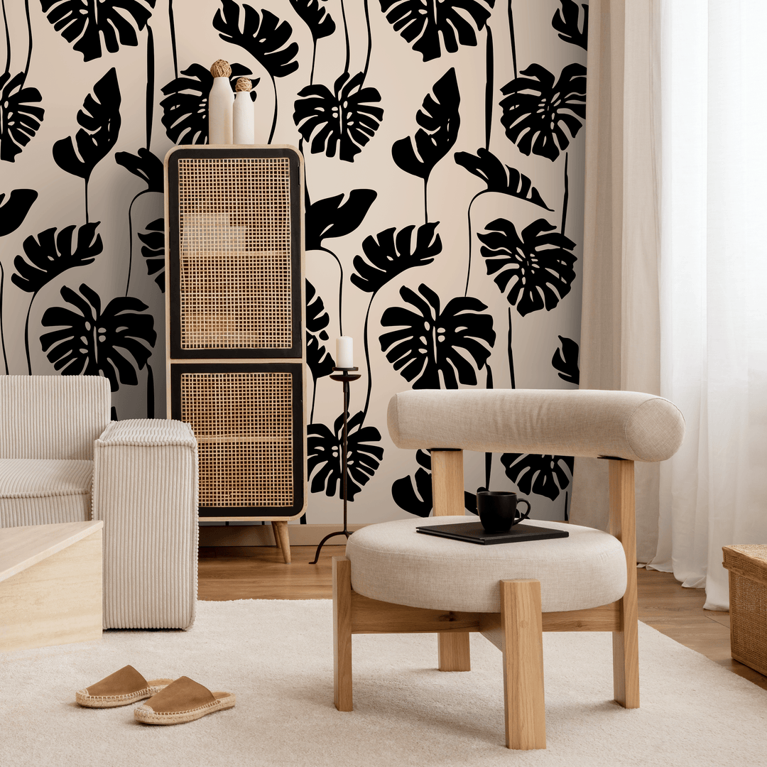 Botanical Wallpaper with a Bold Monstera Leaf Motif in Black and Beige - C270