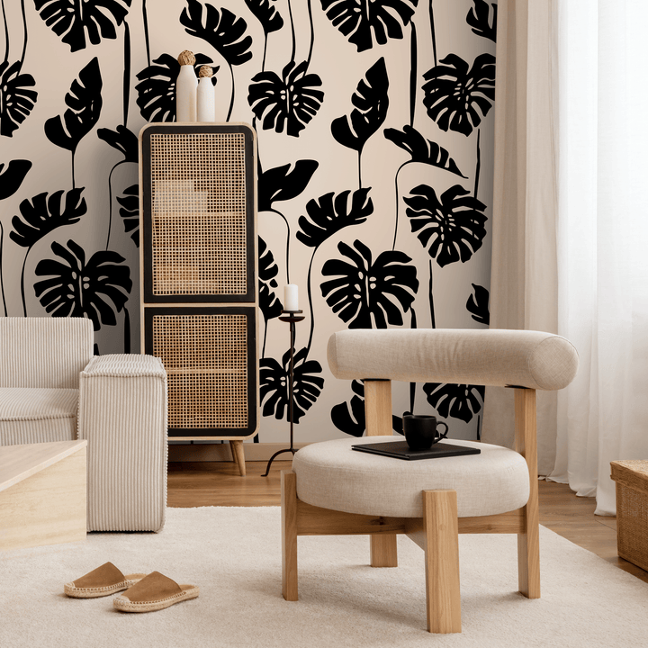 Botanical Wallpaper with a Bold Monstera Leaf Motif in Black and Beige - C270