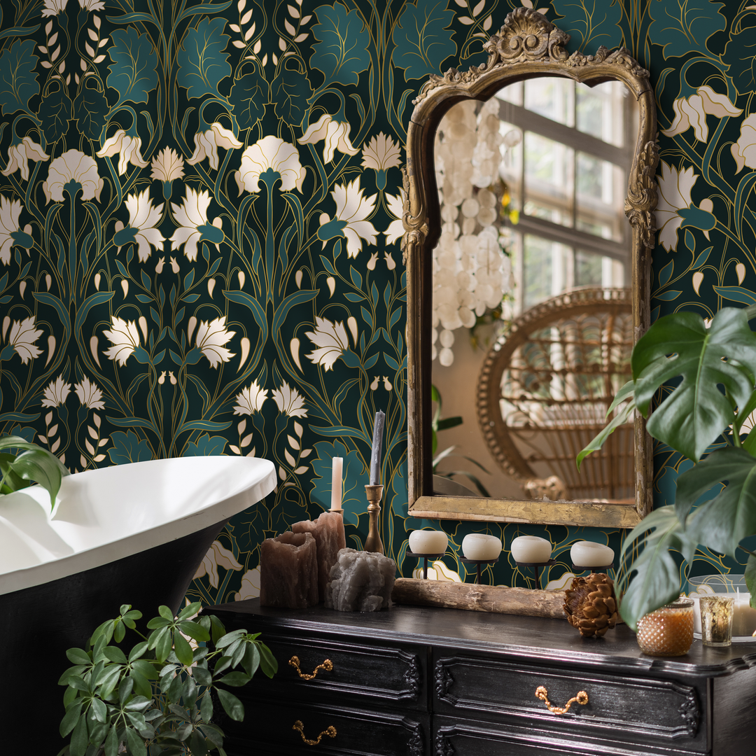 Art Nouveau Wallpaper with Stylized Florals in Green, Cream, and Gold - C281