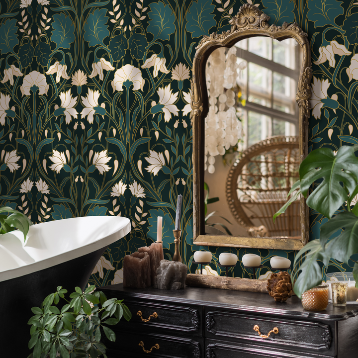 Art Nouveau Wallpaper with Stylized Florals in Green, Cream, and Gold - C281