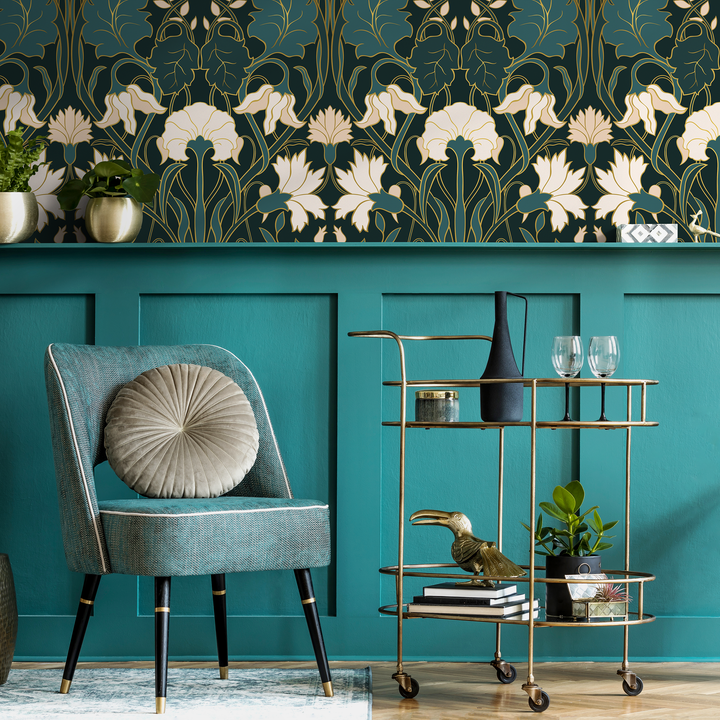Art Nouveau Wallpaper with Stylized Florals in Green, Cream, and Gold - C281