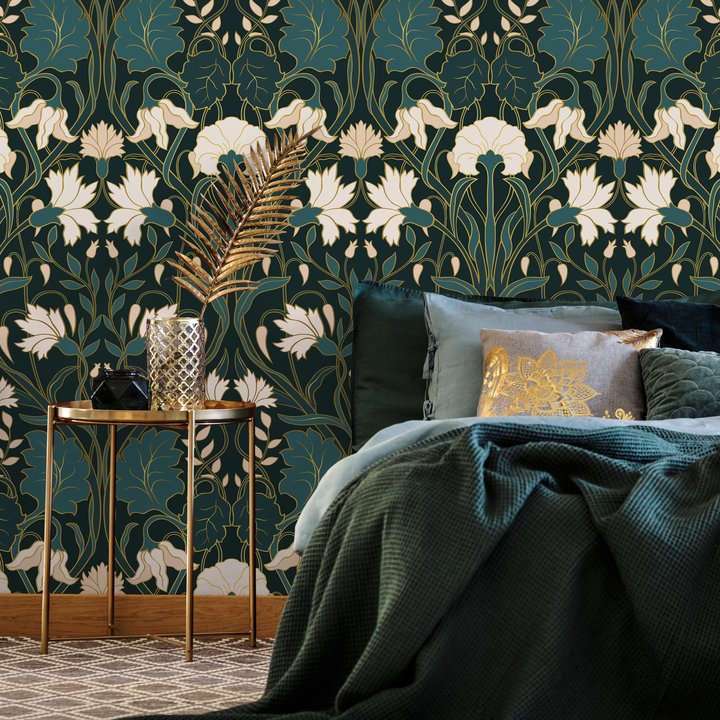 Art Nouveau Wallpaper with Stylized Florals in Green, Cream, and Gold - C281