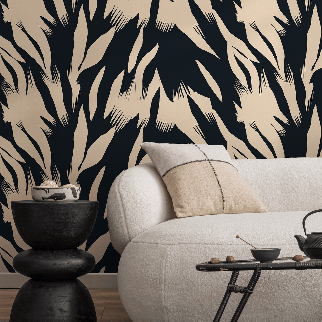 Abstract Wallpaper with Bold Brushstrokes in Black and Cream - C343
