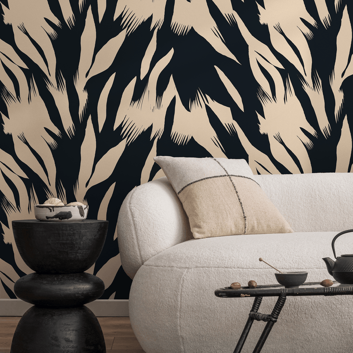 Abstract Wallpaper with Bold Brushstrokes in Black and Cream - C343
