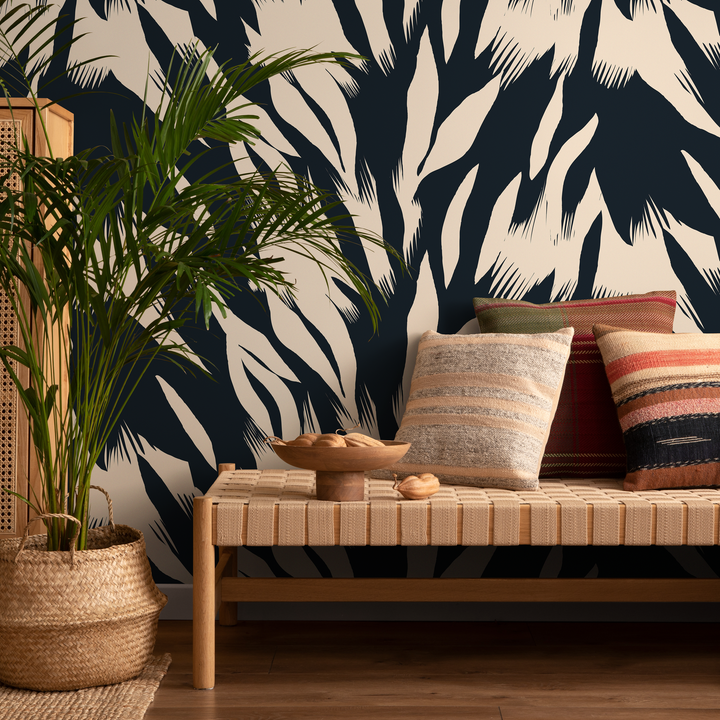 Abstract Wallpaper with Bold Brushstrokes in Black and Cream - C343