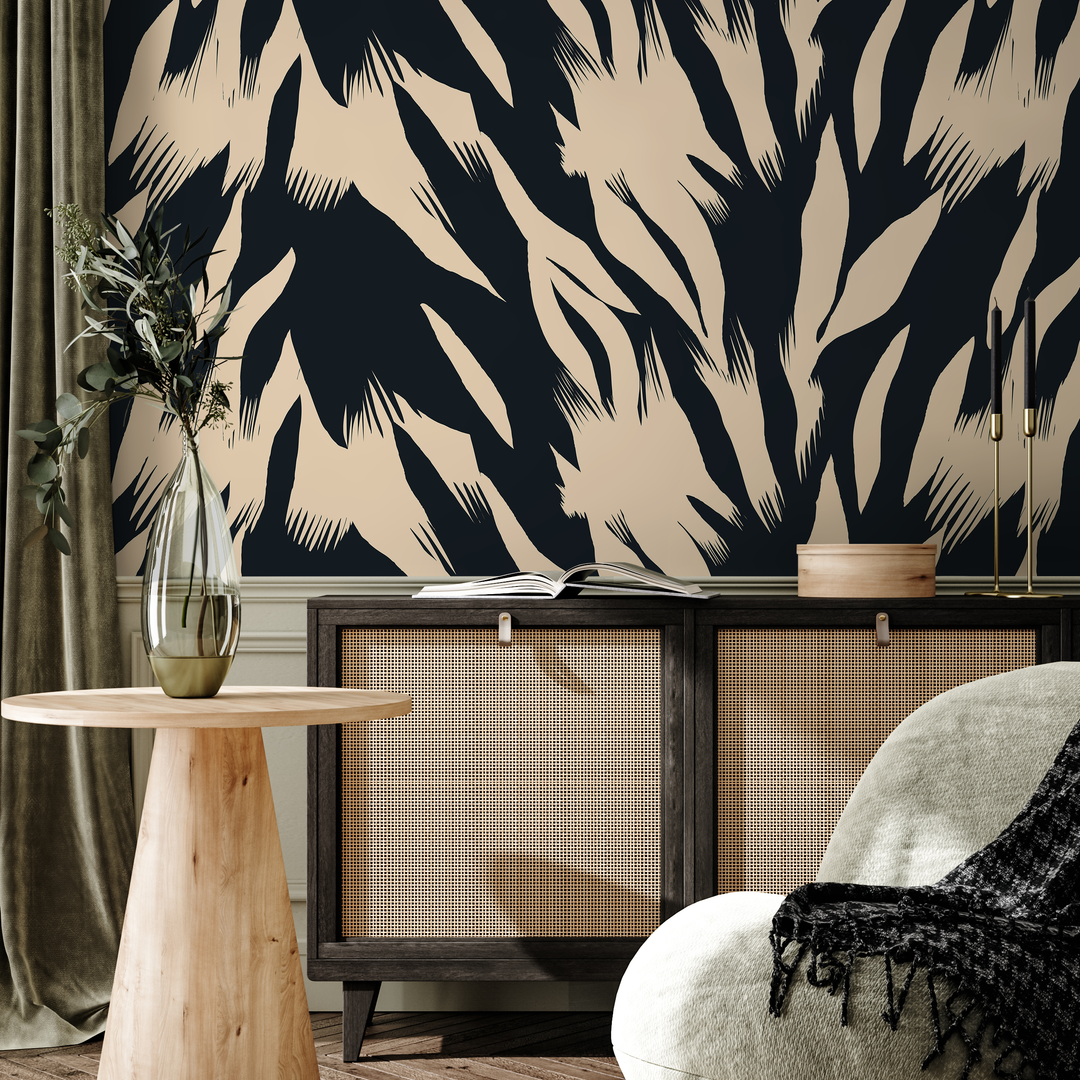 Abstract Wallpaper with Bold Brushstrokes in Black and Cream - C343