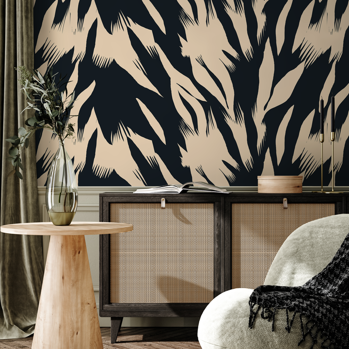 Abstract Wallpaper with Bold Brushstrokes in Black and Cream - C343